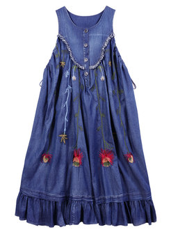 Sleeveless Vintage Embroidered Denim Maxi Dress