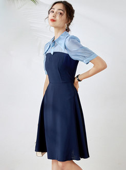 Color Blocked Turn-down Collar A Line Dress