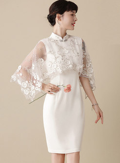 White Mandarin Collar Mesh Patchwork Cheongsam Dress