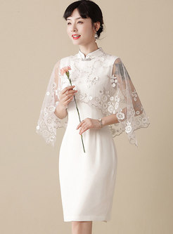 White Mandarin Collar Mesh Patchwork Cheongsam Dress