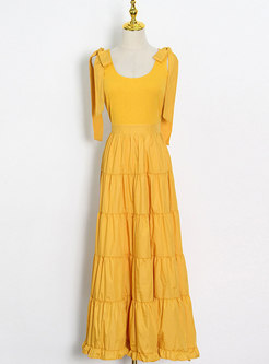 Yellow Strappy Knit Patchwork A Line Dress