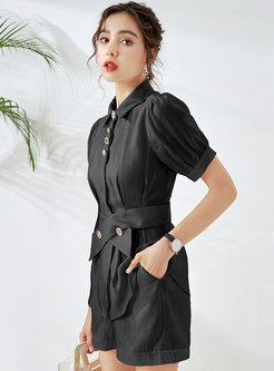Rhinestone Button Belted Shirt Hot Pant Suits