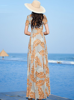 V-neck Short Sleeve Leaf Print Chiffon Beach Dress