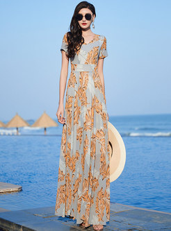 V-neck Short Sleeve Leaf Print Chiffon Beach Dress