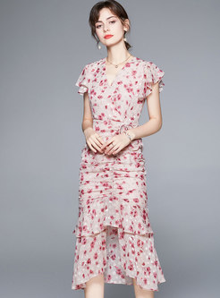 V-neck Ruched Pink Floral Peplum Dress
