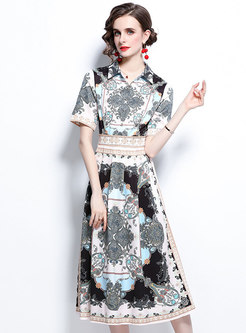 Turn-down Collar Vintage Print Maxi Dress