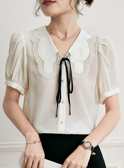 Cute Turn-down Collar Embroidered Silk Shirt