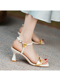 Square Toe Bicolor Leather Heeled Sandals