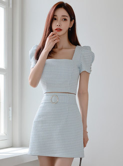 Square Neck Plaid Puff Sleeve Top Sheath Skirt Suits