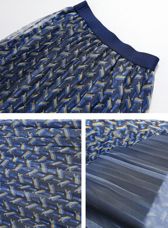Blue High Waisted Print Mesh Pleated Midi Skirt