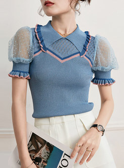 Turn-down Collar Mesh Patchwork Knit Top