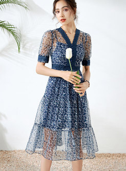 V-neck Print Transparent Lace A Line Midi Dress