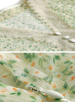 V-neck Print Transparent Lace A Line Midi Dress