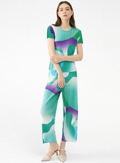Stylish Color Blocked T-shirt Pleated Pant Suits
