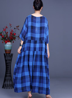 Half Sleeve Blue Plaid Embroidered Linen Dress