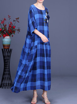 Half Sleeve Blue Plaid Embroidered Linen Dress