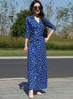 Blue 3/4 Sleeve Polka Dot Split Maxi Dress
