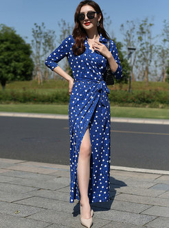 Blue 3/4 Sleeve Polka Dot Split Maxi Dress