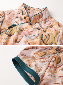 Retro Mandarin Collar Print Patchwork Peplum Dress