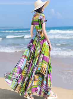 Boho Bowknot Geometric Pattern Chiffon Maxi Dress