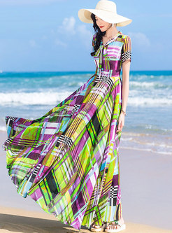 Boho Bowknot Geometric Pattern Chiffon Maxi Dress