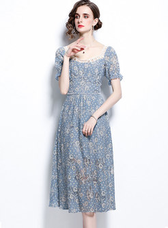 Square Neck Beaded Puff Sleeve Openwork Lace Dress