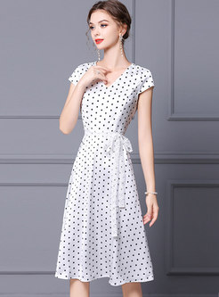 White V-neck Cap Sleeve Polka Dot A Line Dress