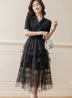 Lapel Double-breasted Mesh Patchwork Layer Dress