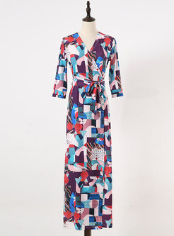 Geometric Print 3/4 Sleeve Wrap Maxi Dress