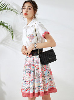 Turn-down Collar Print Top Vintage Mini Skirt Suits