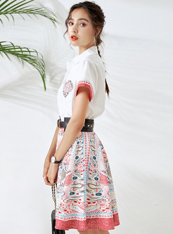 Turn-down Collar Print Top Vintage Mini Skirt Suits