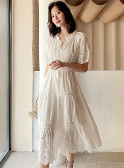 White V-neck Half Sleeve Embroidered A Line Dress
