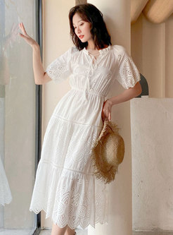 White V-neck Half Sleeve Embroidered A Line Dress