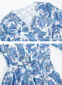 Blue Vintage Print Half Sleeve Maxi Dress