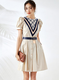 Color-blocked Puff Sleeve Belted A Line Dress