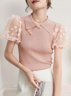 Pink Knitted Patchwork Puff Sleeve T-shirt