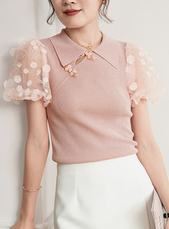 Pink Knitted Patchwork Puff Sleeve T-shirt