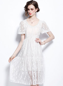 White Beaded Square Neck Short Sleeve Lace Dress