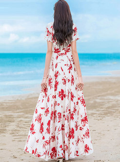 V-neck Short Sleeve Elegant Print Maxi Dress
