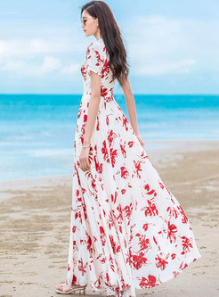 V-neck Short Sleeve Elegant Print Maxi Dress