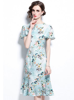 Blue Print Crew Neck Elegant Peplum Dress