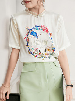 Mandarin Collar Print Pullover Silk T-shirt