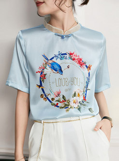 Mandarin Collar Print Pullover Silk T-shirt