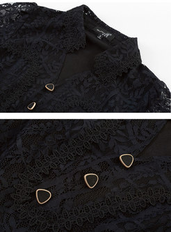 Black V-neck Transparent Lace Peplum Dress