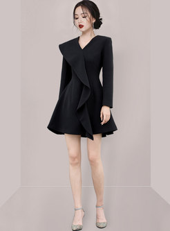 Black Long Sleeve Ruffle A Line Mini Dress
