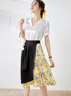 Lapel Satin Blouse & Print Patchwork Pleated Skirt