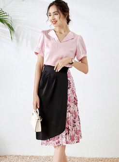 Lapel Satin Blouse & Print Patchwork Pleated Skirt