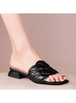 Chic Leather Square Toe Flat Slippers