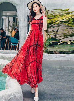 Boho Red V-neck Sleeveless Big Hem Print Maxi Dress
