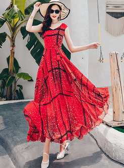 Boho Red V-neck Sleeveless Big Hem Print Maxi Dress